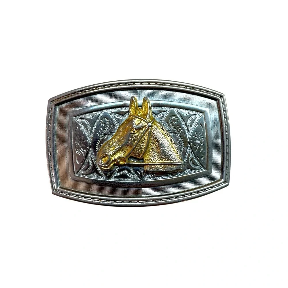 Western Belt Buckle Horse Head Cowboy Girl Gold Accent Silver Tone Rodeo